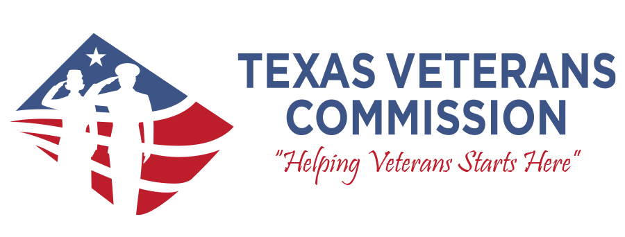 Texas Veterans Commission logo featuring a stylized American flag and silhouettes of service members with the tagline “Helping Veterans Starts Here”