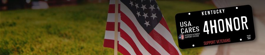 USA Cares Kentucky specialty license plate reading “4HONOR Support Veterans” displayed beside American flags