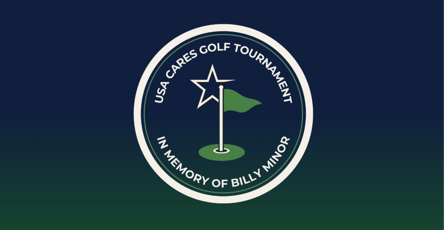 Seal for the USA Cares Golf Tournament In Memory of Billy Minor, a navy and green crest with a golf flag and a star