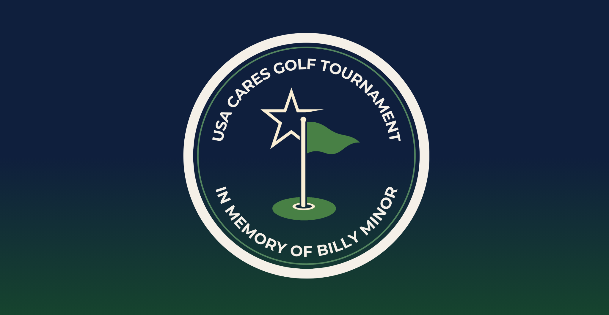 Seal for the USA Cares Golf Tournament In Memory of Billy Minor, a navy and green crest with a golf flag and a star
